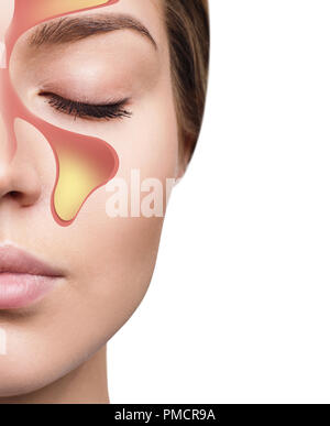 Volto femminile mostra seni nasali con freddo su sfondo bianco. Foto Stock