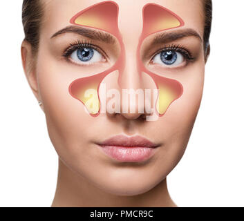 Volto femminile mostra seni nasali con freddo su sfondo bianco. Foto Stock