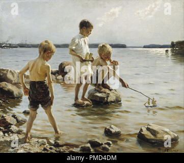 Leikkiviä poikia rannalla / ragazzi giocare sulla riva / Bambini che giocano sulla riva. Data/Periodo: 1884. La pittura. Olio su tela. Altezza: 90 cm (35,4 pollici); larghezza: 107,5 cm (42,3 in). Autore: Albert Edelfelt. Foto Stock