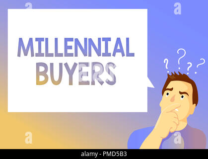 Segno di testo che mostra gli acquirenti millenario. Foto concettuale Tipo di consumatori che sono interessati a prodotti di trend. Foto Stock