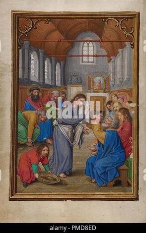 Cristo lavando i piedi degli apostoli. Data/Periodo: ca. 1525 - 1530. Folio. Tempere, vernice dorata e foglia oro su pergamena. Altezza: 168 mm (6,61 in); larghezza: 114 mm (4,48 in). Autore: Simon Bening. Foto Stock