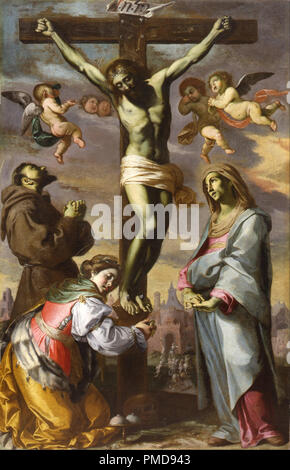 Crocifisso con la Vergine e i santi Francesco e Agata. Data/Periodo: sesto decennio del XVII secolo. La pittura. Olio su tela. Altezza: 230 mm (9,05 in); larghezza: 141 mm (5,55 in). Autore: Bernardino Mei. Mei, Bernardino. Foto Stock