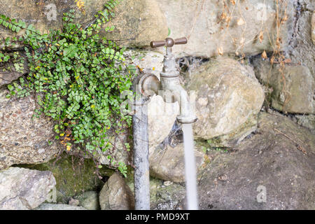 Un vecchio rubinetto su un muro di pietra Foto Stock