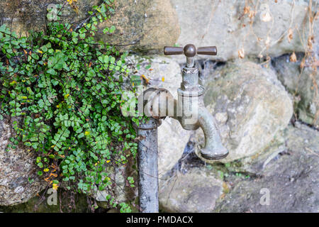 Un vecchio rubinetto su un muro di pietra Foto Stock