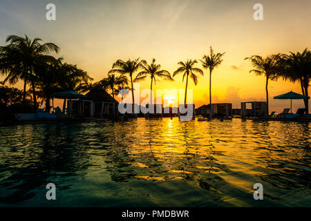 Bellissimo tramonto tropicale a lato piscina con palme sagome e gli ultimi raggi di sole Foto Stock