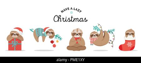 Carino bradipi, divertenti illustrazioni di Natale con Babbo Natale costumi, cappello e sciarpe, biglietti di auguri insieme, banner Illustrazione Vettoriale