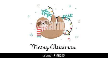 Carino bradipi, divertenti illustrazioni di Natale con Babbo Natale costumi, cappello e sciarpe, biglietti di auguri insieme, banner Illustrazione Vettoriale