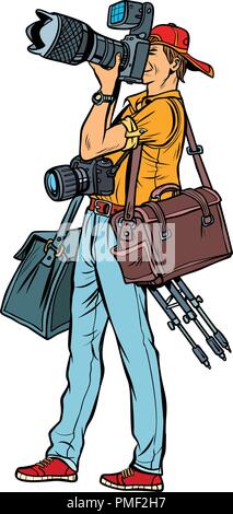 Fotografo professionista con fotocamera e attrezzature. Isolare su Illustrazione Vettoriale