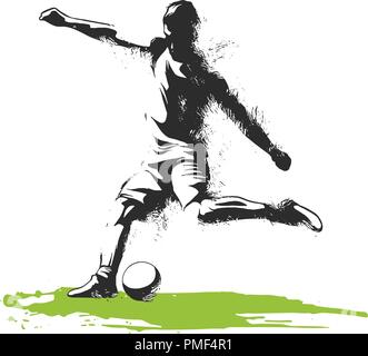 Un caucasian giocatore di calcio uomo giocando calci in silhouette isolati su sfondo bianco Illustrazione Vettoriale