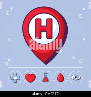Posizione ospedale pin medici e le relative icone su sfondo viola, illustrazione vettoriale Illustrazione Vettoriale