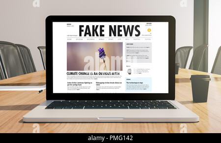 Fake news su laptop mockup su Sala conferenza 3d rendering Foto Stock