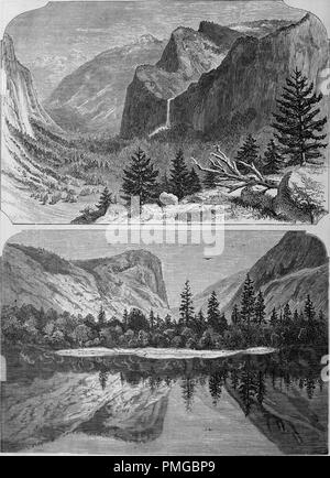 Incisioni di Yosemite Valley panorama, velo nuziale caduta e Mirror Lake, dal libro "Pacifico turisti", 1877. La cortesia Internet Archive. () Foto Stock