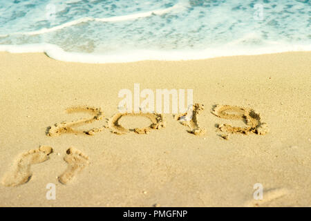 2019 lapide scritta sulla spiaggia sabbiosa con wave avvicina. Foto Stock