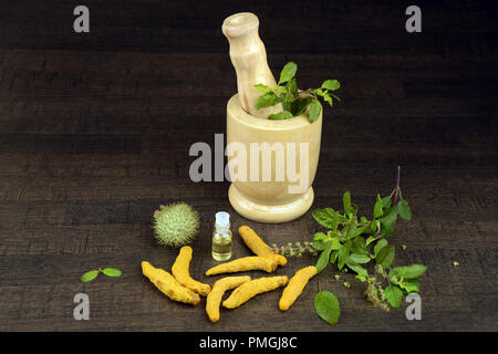 Basilico santo, curcuma, Datura frutta con olio a base di erbe e di mortaio di legno su sfondo scuro, un concetto di Ayurveda Foto Stock