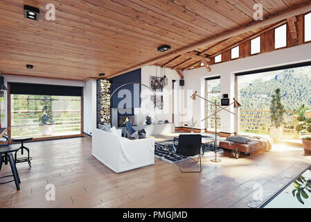 Chalet moderno interno. Il rendering 3D design concept Foto Stock