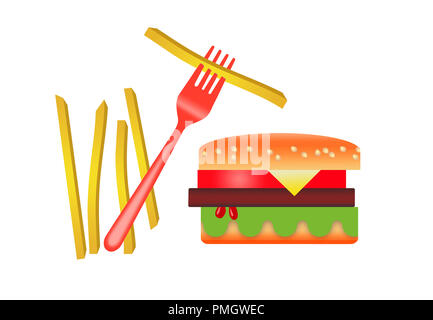 Qui è una immagine stilizzata di un hamburger e patatine fritte isolato su uno sfondo bianco. Foto Stock