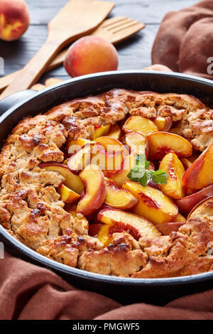 Frutta torta sbriciolare un facile dessert fatti in casa al forno tondo in una teglia, posto su una tavola di legno, orientamento verticale, close up Foto Stock