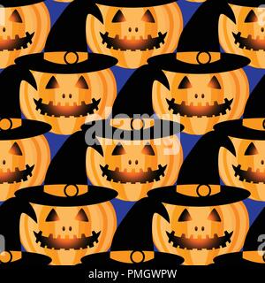 Happy Halloween jackolantern pattern senza giunture. Jack lanterna con facile e hat. Illustrazione di vettore isolato su sfondo nero. Illustrazione Vettoriale