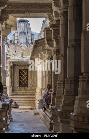 Ranakpur, India - 2 Febbraio 2017: la gente nel maestoso tempio jainist a Ranakpur, Rajasthan, India. Dettagli architettonici di sculture in pietra. Foto Stock