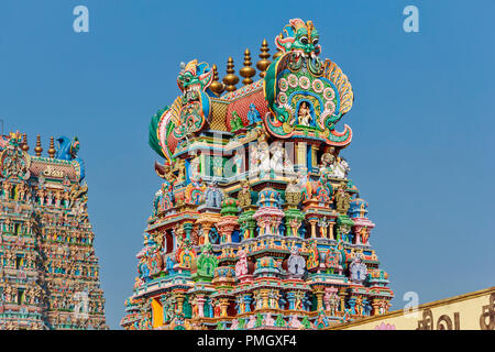 Tempio di Madurai MADURAI TAMIL NADU INDIA elaborare statue di divinità coprire i lati di due torri del tempio Foto Stock