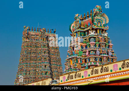 Tempio di Madurai MADURAI TAMIL NADU INDIA statue di divinità coprire i lati di due torri del tempio Foto Stock