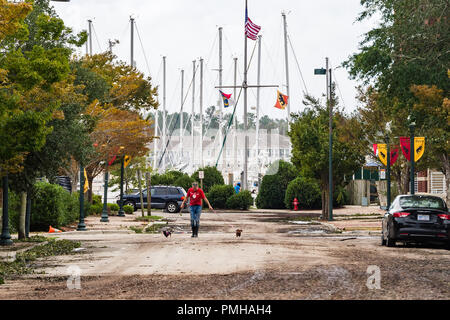 Maryland, Stati Uniti d'America. Xvi Sep, 2018. Settembre 16, 2018, New Bern, NC- Un nuovo residente di Berna è a piedi i suoi cani dopo le acque di esondazione ritira la domenica. Credito: Michael Jordan/ZUMA filo/Alamy Live News Foto Stock