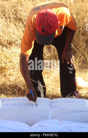 Masiniloharano, Madagascar. 25 Ago, 2018. Un relativo scrive il nome del defunto sulla rimane avvolti in panni in modo che possano ancora essere identificati in occasione della prossima apertura della cripta. Durante la fase 'Famadihana' (letteralmente: ruotando le ossa) cerimonia, persone in Madagascar il culto delle ossa dei loro antenati. Essi sono presi dalle loro tombe soprattutto per la grande festa. (A dpa 'Dance con i morti: Happy Corpse Festival in Madagascar' dal 19.09.2018) Credito: Jürgen Bätz/dpa/Alamy Live News Foto Stock