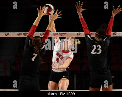 Settembre 18, 2018 Western Kentucky Hilltoppers Rachel Anderson (4) i picchi la palla oltre a Cincinnati Bearcats Dasha Cabarkapa (7) nella partita tra i Cincinnati Bearcats e la Western Kentucky Hilltoppers al E.A. Farlo Arena a Bowling Green, KY. Fotografo: Steve Roberts. Foto Stock