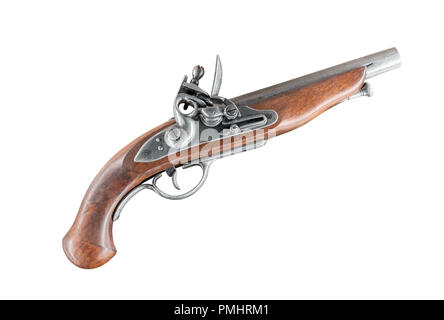 Antica xviii secolo flintlock pistol isolati su sfondo bianco Foto Stock