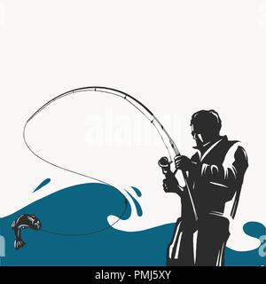 Etichetta di pesca con un pike e un pescatore in una barca.Tutti gli elementi modificabili. Illustrazione Vettoriale