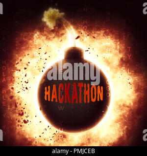 Hackathon codice software dannoso Hack 3d illustrazione mostra la cibercriminalità Coder convenzione contro le minacce spyware o virus Foto Stock