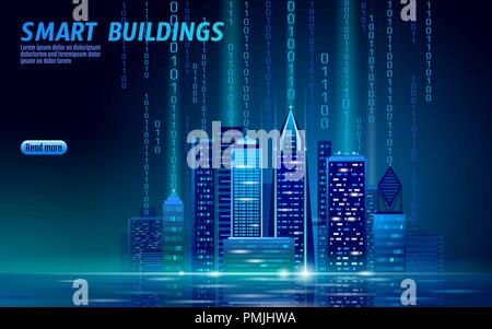 Smart city 3D neon incandescente cityscape. Intelligent building automation notte futuristico concetto di business. Web online il colore blu, la tecnologia del futuro. Banner urbano illustrazione vettoriale Illustrazione Vettoriale