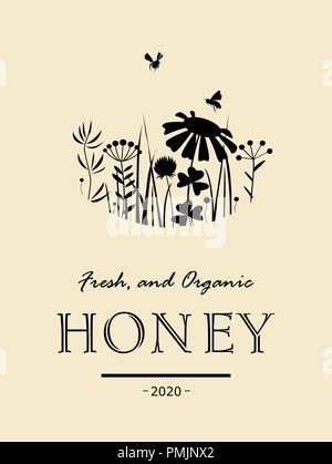 Elegante carta vintage con api e doodle fiori . Floral illustrazione vettoriale. Prato piante silhouettes nero, sfondo di miele Illustrazione Vettoriale