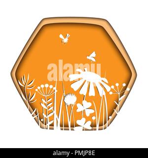 Carta elegante telaio di taglio con api e doodle fiori. Floral illustrazione vettoriale. Prato piante silhouette bianca nel pettine di miele Illustrazione Vettoriale