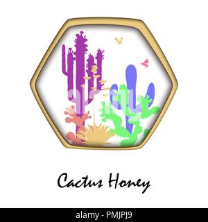 Il miele delle api battenti vicino Ficodindia Cactus Silhouette. Carta elegante telaio di taglio con api e doodle cactus. Floral illustrazione vettoriale. Illustrazione Vettoriale