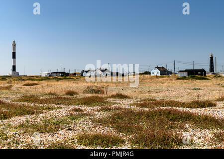 I fari sulla penisola di Dungeness, Romney Marsh, Kent, Inghilterra. Il 31 agosto 2018 Foto Stock