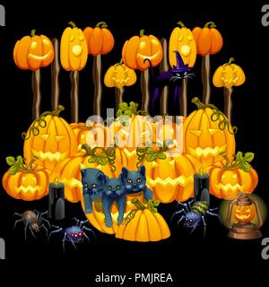 Poster in stile di vacanza tutto il male Halloween. Tre gattino grigio e zucche a mezzanotte. Incandescente Jack-o-lantern. Vector cartoon close-up illustrazione. Illustrazione Vettoriale