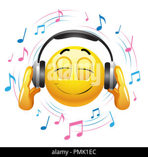 Emoticon Ascoltare musica. Smiley tenere le cuffie sulla testa e gode di musica. Foto Stock