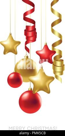 Buon Natale con carta oro e palle rosse. Illustrazione Vettoriale Illustrazione Vettoriale