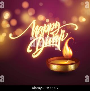 Felice Diwali Festival delle luci. Retrò olio lampada su sfondo cielo notturno. La calligrafia scritte a mano il testo. Illustrazione Vettoriale Illustrazione Vettoriale