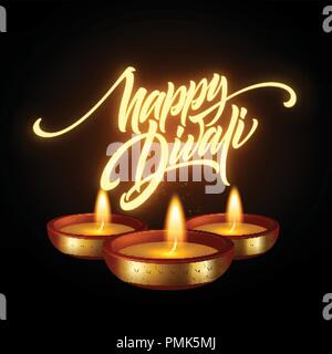 Felice Diwali Festival delle luci. Retrò olio lampada su sfondo cielo notturno. La calligrafia scritte a mano il testo. Illustrazione Vettoriale Illustrazione Vettoriale