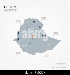 Mappa di Etiopia con bordi, città capitale e divisioni amministrative. Infografico mappa vettoriale. Livelli modificabili chiaramente etichettati. Illustrazione Vettoriale