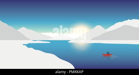 Lonely canoa adventure concept Red Boat in un paesaggio invernale con montagne innevate illustrazione vettoriale EPS10 Illustrazione Vettoriale