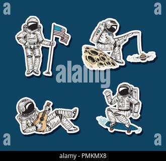 Set di astronauti nello spazio adesivi. Collezione soaring spaceman con bandiera. ballerina musicista avventura nella galassia. Senzatetto traveler incisi disegnati a mano schizzo di fumetti. Illustrazione Vettoriale