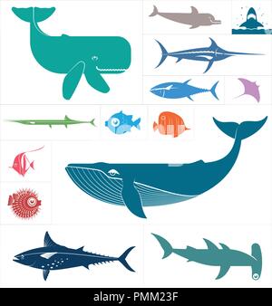 Set di vettori che rappresentano vari animali marini. Abstract decorativo illustrazione carina. Elementi di design grafico per la stampa e il web. Illustrazione Vettoriale