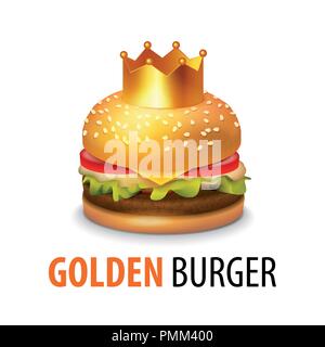 Burger con corona isolati su sfondo bianco. Clipart vettoriali di gustosi sandwich con didascalia. Illustrazione Vettoriale