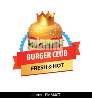 Emblema di Burger club con didascalia e illustrazione di deliziosi piatti gustosi Burger. Colorato monogramma vettore isolato su sfondo bianco per poster, Menu, Ba Illustrazione Vettoriale