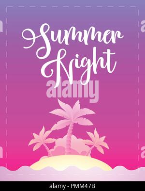 Summer Night - Modello poster per party, viaggio, vacanza nella bellissima notte d'estate. Illustrazione Vettoriale in colori viola, EPS 10. Illustrazione Vettoriale