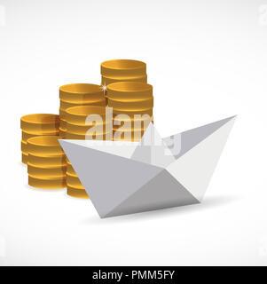 Goldcoins e carta barca. Concetto aziendale. illustrazione grafica design isolato su bianco Foto Stock