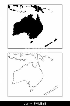 Mappe semplificato dell'Oceania con paesi confini. In bianco e nero dei contorni. Illustrazione Vettoriale